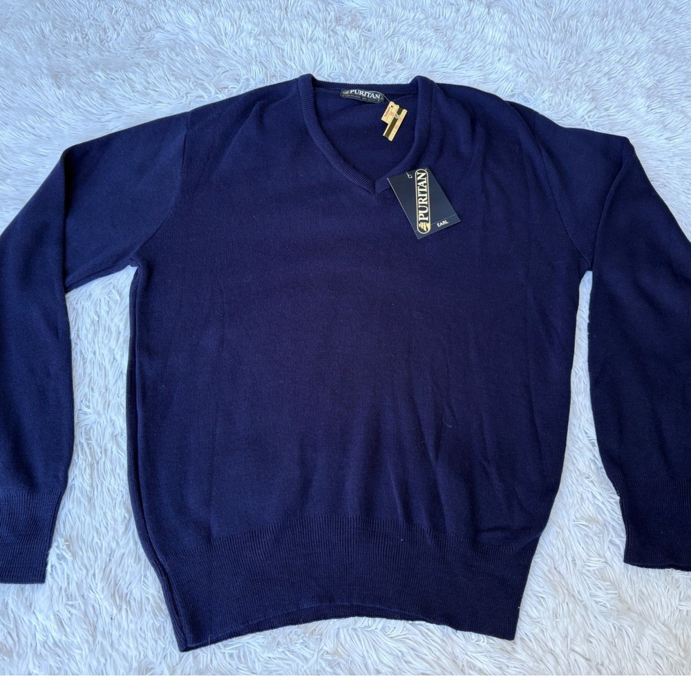 Vintage Puritan Earl Navy Blue V-Neck Sweater Orlon Acrylic Made USA Mens L NWT